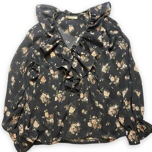 New York Studio Black Blouse Floral Business Casual Long Sleeve Vneck Sheer